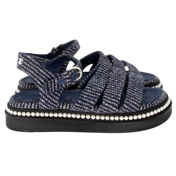 Chanel Mother Pearl CC 35.5 Tweed Chunky Beach Sandals CC-S0207P-C017 - Picture 6 of 11